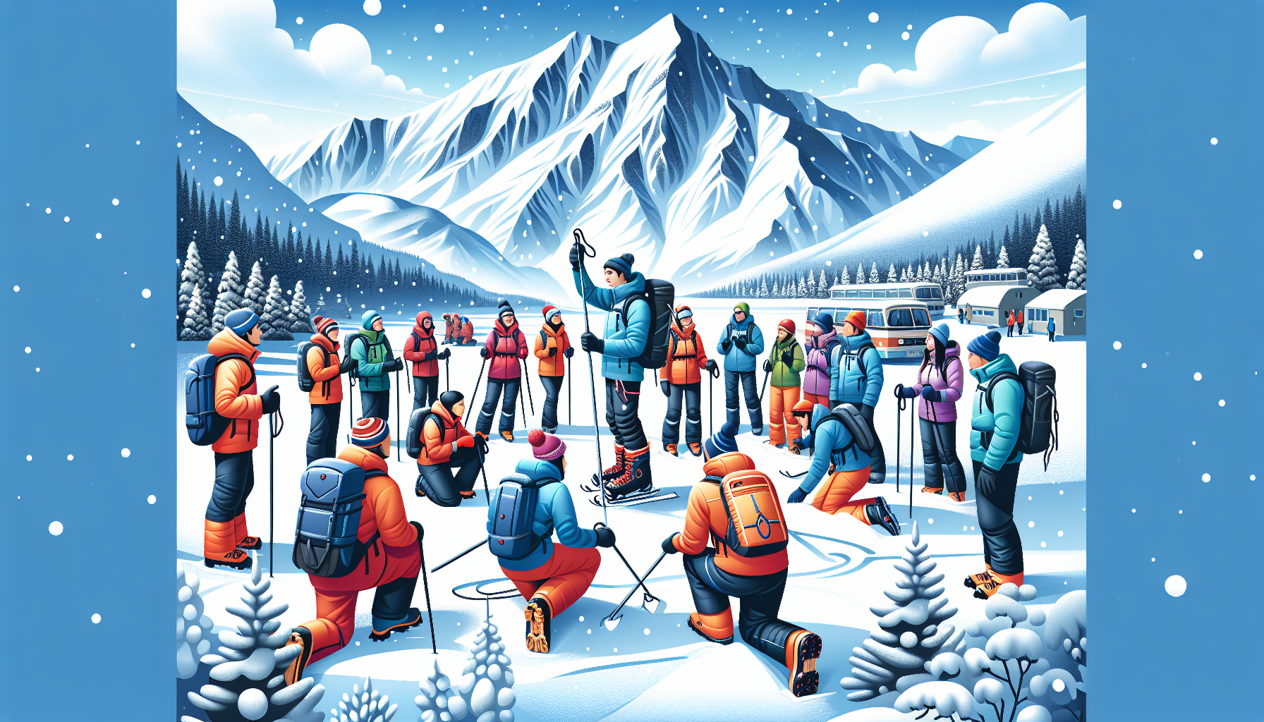 Ilustracja przedstawiająca uczestników szkolenia lawinowego w akcji, uczących się technik ratunkowych.