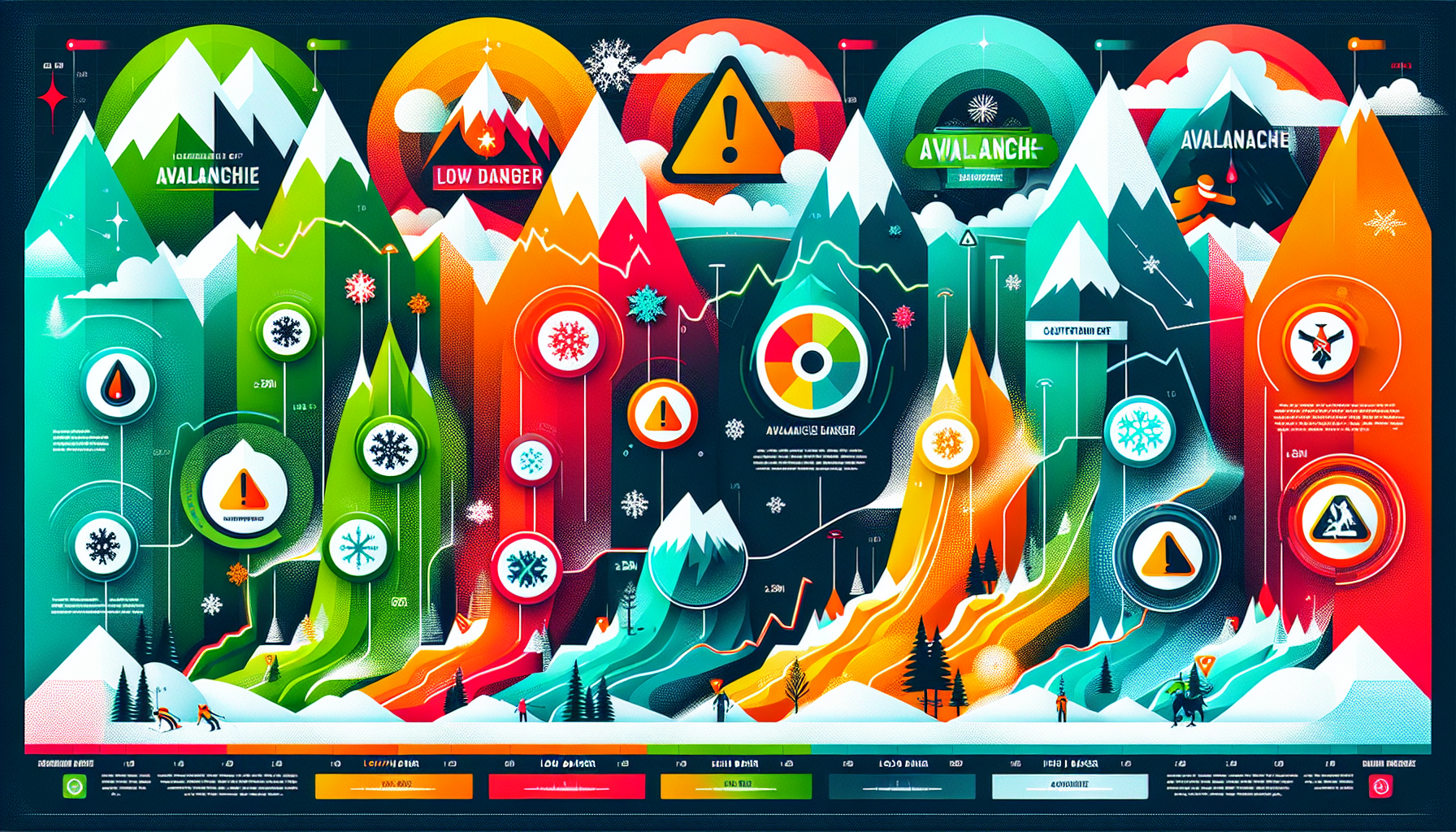 Grafika przedstawiająca różne stopnie zagrożenia lawinowego i ich interpretację.